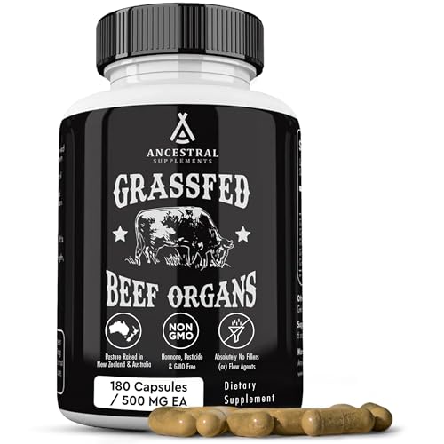 Ancestral Supplements Grass Fed Beef Organ Supplement, Supports Whole Body Wellness with Proprietary Blend of Liver, Heart, Kidney, Pancreas, Spleen, Freeze-Dried Beef, Non-GMO, 180 Capsules
