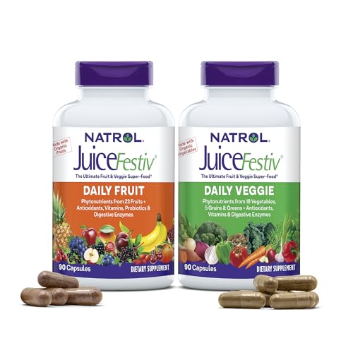 Natrol JuiceFestiv Daily Fruit & Veggie with SelenoExcell and Whole-Food [Phyto]Nutrients, Dietary Supplement Supports Better Nutrition (& overall well-being), 90 Capsules (Pack of 2), 45 Day Supply