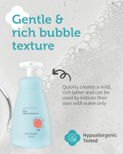 GOONGBE Kids' Silky Shampoo - Korean Kids Hair Softening Shampoo - Shiny and Glossy Hair for Weak, Frizzy and Tangle Prone Hair - Low pH & Silicone-Free Formula - Allergen Free Scent, 10.1 fl.oz.