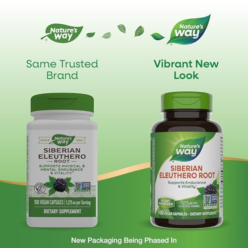 Nature's Way Premium Herbal Siberian Eleuthero Root Supplement, Supports Endurance & Vitality*, Adaptogen*, 1,275mg per 3-Capsule Serving, Non-GMO Project Verified, 100 Capsules (Packaging May Vary)