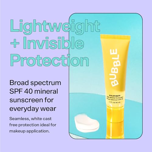 Bubble Skincare Solar Mate Mineral Face Sunscreen Broad Spectrum SPF 40 - Zinc Oxide Sunscreen with Blue Light Protection & Ginseng Extract - Sheer, Lightweight Coverage With No White Cast (50ml)