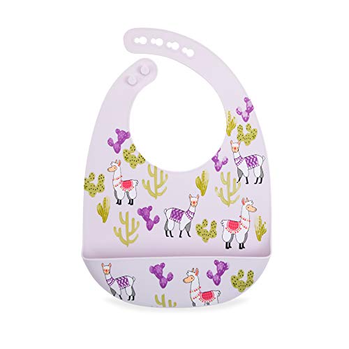 Nuby 2 Pack Adjustable Easy Clean Soft Silicone Bibs with Scoop, Flowers & Llama