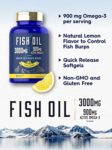 Carlyle Fish Oil 3000mg | 900mg Omega 3 | 90 Softgels | Lemon Flavor | Non-GMO and Gluten Free Supplement