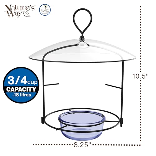 Nature's Way BBFM1 Bluebird Buffet Metal Bird Feeder with Protective Baffle, Outdoor Wild Bird Feeder and Décor, One Glass Dish with 3/4 Cup capacity, Blue