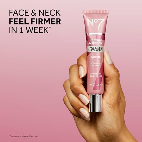 No7 Restore & Renew Multi-Action Face & Neck Serum - Anti Aging Face Serum for Women with Deep Wrinkle Repair - Collagen Infused with Hydrating Hibiscus Peptides & Hyaluronic Acid (0.5 Fl Oz)