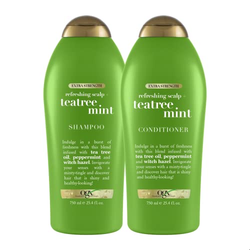 OGX Extra Strength Refreshing Scalp + Teatree Mint Shampoo, Invigorating Scalp Shampoo &Conditioner with Tea Tree & Peppermint Oil & Witch Hazel, Paraben-Free, Sulfate-Free Surfactants, 25.4 Fl Oz