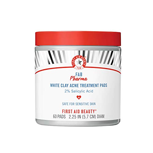 First Aid Beauty - FAB Pharma White Clay Acne Treatment Pads With 2% Salicylic Acid, Daily Compostable Exfoliating for Breakouts, Whiteheads, Blackheads and Acne, Safe for Sensitive Skin, 60 Pads