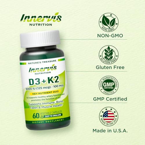 INNERVISNUTRITION Vitamin D3 5000 IU + K2 100 mcg Immune Support Healthy Bone Teeth 60 Vegetable Capsules Supplement