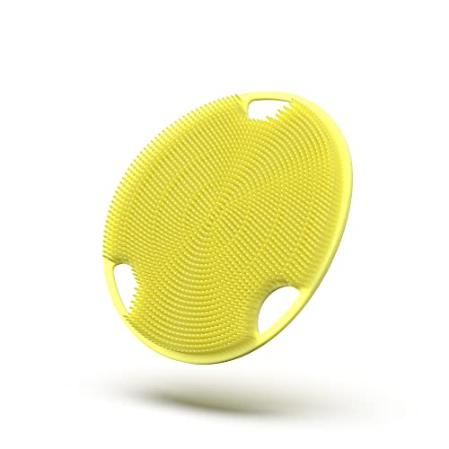 Boie USA Flat Body Scrubber - Soft Silicone-Like Exfoliating Shower Scrubber & Body Cleansing Brush - Stick-to-Wall Loofah Replacement - Body Exfoliator for All Skin Types - Yellow