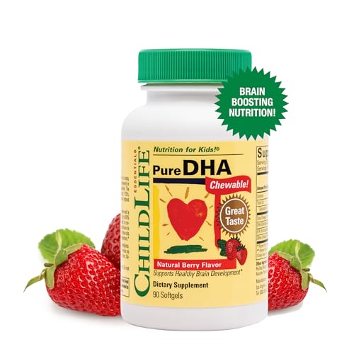 CHILDLIFE ESSENTIALS Pure DHA for Kids - DHA Supplements, DHA EPA Omega 3 Supplement, Children DHA Chewables, Baby DHA, Fish Oil for Toddlers, Gluten Free - Natural Berry, 90 Softgels (Pack of 1)