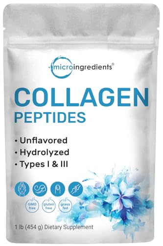 Micro Ingredients Hydrolyzed Collagen Peptides Powder, 1lb | Grass Fed Bovine Collagen for Women & Men | Type I & III Unflavored | Easy Mixing Vital Nutrients for Healthy Hair, Skin & Joints