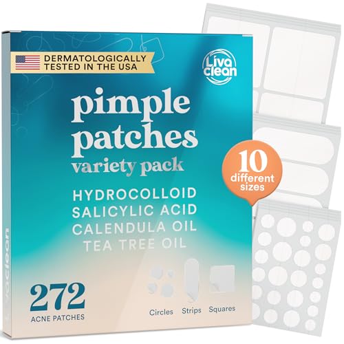 LivaClean 272 CT Pimple Patches Variety Pack w/Tea Tree Oil, Salicylic Acid & Calendula Oil - Pimple Patches Large, Large Acne Dressing for Face Acne Patch XL, Hydrocolloid Patch