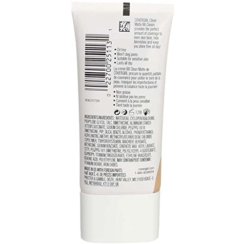 COVERGIRL - Clean Matte BB Cream, Oil-Free, Long-Lasting, Sensitive Skin, Lightweight, 100% Cruelty-Free