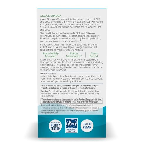 Nordic Naturals Algae Omega - 90 Soft Gels - 715 mg Omega-3 - Certified Vegan Algae Oil - Plant-Based EPA & DHA - Heart, Eye, Immune & Brain Health - Non-GMO - 45 Serving