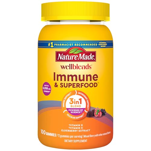 Nature Made Wellblends Immune & Superfood, Elderberry Gummies with Acerola Cherry Extract, Plus Vitamin C + Vitamin D, Immune Support Supplement, 100 Gummy Vitamins