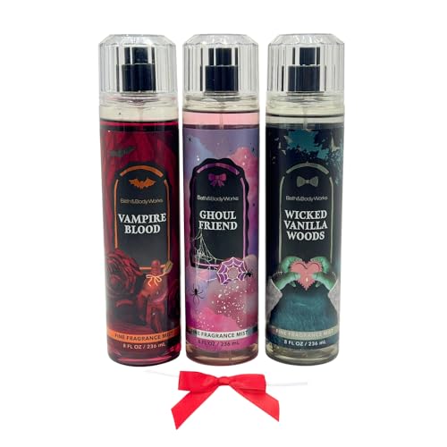 Bath & Body Works VAMPIRE BLOOD, GHOUL FRIEND, WICKED VANILLA WOODS Fine Fragrance Mist 3-piece Halloween Collections with a Red Bow - 2025 Edition Scents