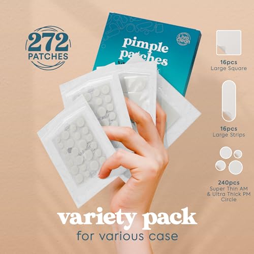 LivaClean 272 CT Pimple Patches Variety Pack w/Tea Tree Oil, Salicylic Acid & Calendula Oil - Pimple Patches Large, Large Acne Dressing for Face Acne Patch XL, Hydrocolloid Patch