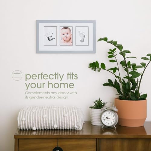 Pearhead Babyprints Photo Frame - Ideal for Baby Shower, Nursery Décor, Memory Keepsake, Newborn Kit with Clean-Touch Ink Pads for Baby Handprints & Footprints - Gray