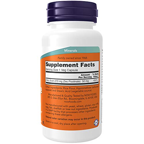 NOW Foods Supplements, Zinc Picolinate 50 mg, Supports Enzyme Functions*, Immune Support*, 120 Veg Capsules (Packaging may vary)