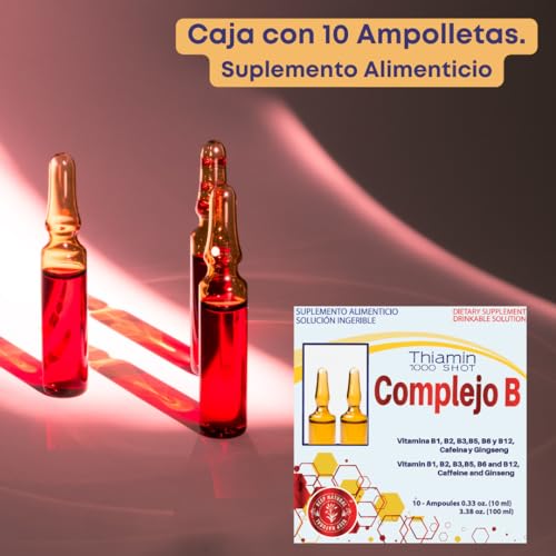 Thiamin B Complex, Complejo B 1000 Shot | Multi-Vitamins, Caffeine, and Ginseng | Box with 10 Ampoules of 10ml | Energy, Cognitive Function, and Metabolic Health Boost.