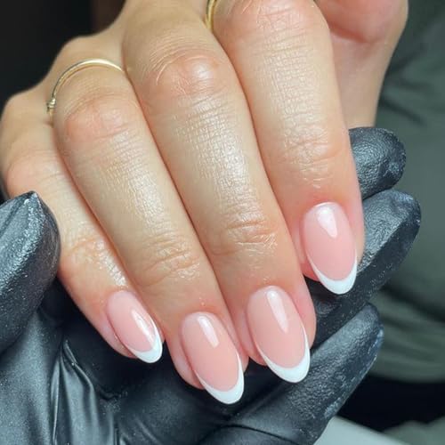 Modelones French Tip Press on Nails Almond, Fall Halloween Short Almond Fake Nails, Reusable Nail Kit with Nail Glue Adhesive Tabs Mini Nail File, Nails Press Ons 32Pcs 16 Sizes