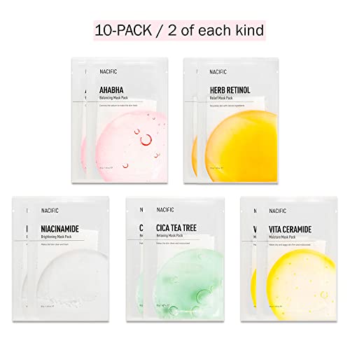 KOSBEAUTY NACIFIC Premium 10-Sheet Facial Mask Skincare Korean Variety Pack for Ultimate Skin Nourishment - Hyaluronic Acid, Ceramide, and Vitamin-Infused for All Skin Type
