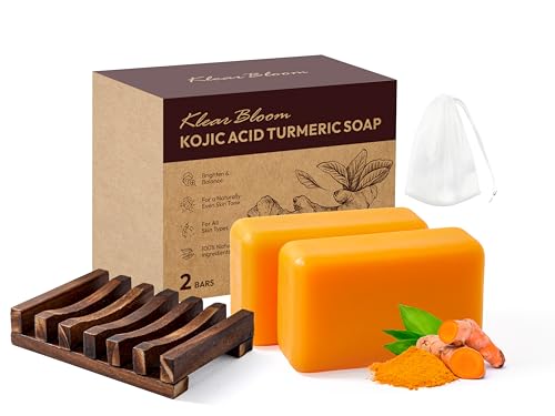 KlearBloom Kojic Acid Soap, Turmeric Soap Bar for Dark Spots with Collagen, Vitamin E, Retinol, Hyaluronic Acid, Shea Butter - 105g x 2 Bars With Holder