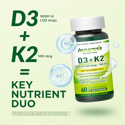 INNERVISNUTRITION Vitamin D3 5000 IU + K2 100 mcg Immune Support Healthy Bone Teeth 60 Vegetable Capsules Supplement