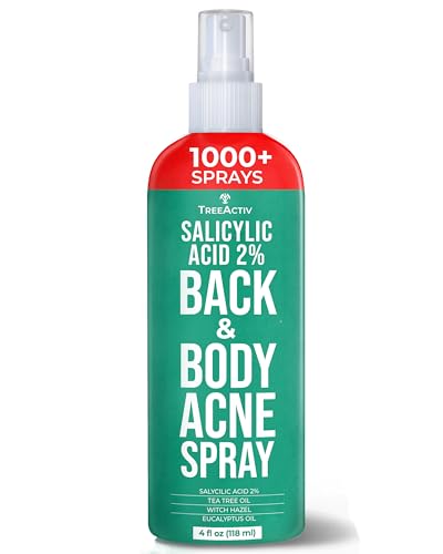 TreeActiv Body Acne Treatment Spray 4 fl oz, 2% Salicylic Acid Spray, Back Acne Spray, Tea Tree Oil Spray with Aloe Vera, Body Acne Spray, Back Acne Solution, Butt Acne Clearing Treatment, 1000+ Uses