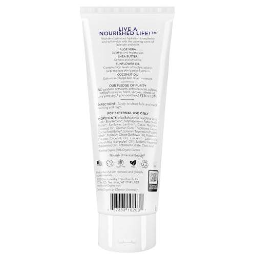 Nourish Organic Body Lotion, Lavender Mint – Hydrating Body Lotion for Dry Skin with Certified Organic Aloe Vera, Shea Butter, Coconut Oil & Cocoa Butter (8 Oz) + Washable Cotton Round