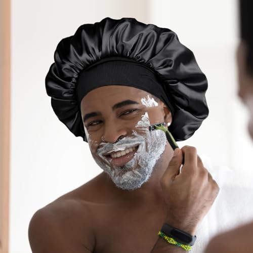 YANIBEST Silk Bonnet for Men Women Hair Bonnet for Sleeping Double Layer Satin Bonnets for Black Women Curly Hair Sleep Cap,Black