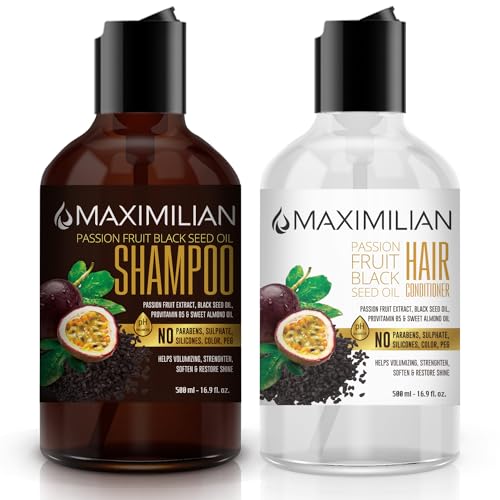 Maximilian Passion Fruit Black Seed Oil Curly Hair Shampoo and Conditioner Set- Extra Volumizing, Strengthing, Moisturizing, Hydration and Shine - Sulfate Paraben Free - (2 x 16.9 Fl Oz / 500mL)