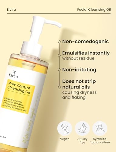 Elvira Pore Control Cleansing Oil, Makeup Remover for Sensitive, Oil Cleanser for Face, Blackhead Removal, Korean Skin care, Hydrating, Fragrance-Free
