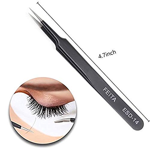 FEITA ESD Stainless Steel Tweezers Set Precision Hand Tools for False Lash,Eyelash Extensions,Nail Art,DIY Repair, Jewelry-making,Hobbies (ESD-14&15 2pcs)
