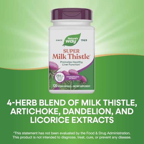 Nature's Way Super Milk Thistle, Promotes Healthy Liver Function*, With Artichoke Leaf, Dandelion Root & Licorice Root Extracts, Milk Thistle Extract, Gluten Free, 120 Capsules (Packaging May Vary)
