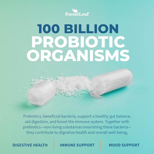 ForestLeaf Clinically Studied Probiotics 100 Billion CFU, 26 Strains with Organic Prebiotic Blend & Digestive Enzymes - Probiotic Prebiotic for Men & Women - Probiotics Digestive Health (30 Capsules)