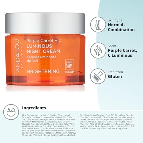 Andalou Natural Purple Carrot + C Luminous Night Cream, Purple Carrot Plus C Luminous, 1.7 Ounce