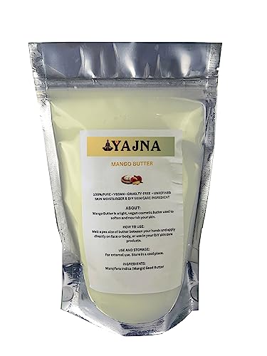 Yajna Organic Raw Mango Butter 100% Pure,Natural & Unrefined| Skin Moisturizer For Face, Body & Hair| 1 LBS/450 GM Ivory/White Grade A | DIY Creams, Balms, Lotions, Soaps| Softens Dry & Tough Skin