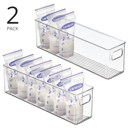 mDesign Plastic Long Stackable Storage Organizer Container, Organization Bin w/Handles for Kitchen, Pantry, Fridge, Freezer, Cabinet, Perfect to Hold Breast Milk - Ligne Collection - 2 Pack, Clear