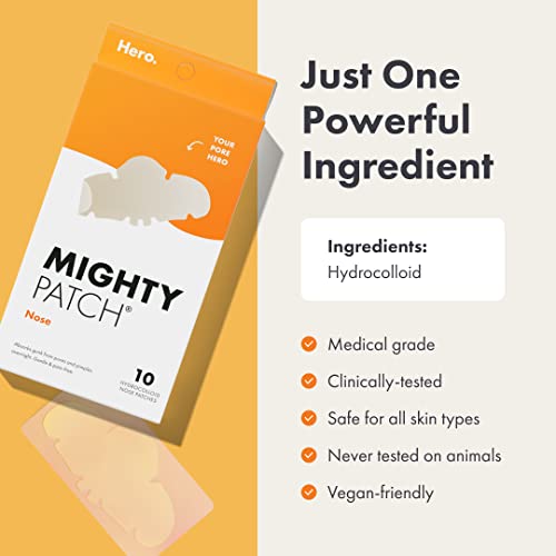 Mighty Patch Nose Pimple Patches from Hero Cosmetics, Large Hydrocolloid Pore Strips, Dermatologist Approved, Overnight, Pimple Stickers to Absorb Acne Nose Gunk, 10 Count