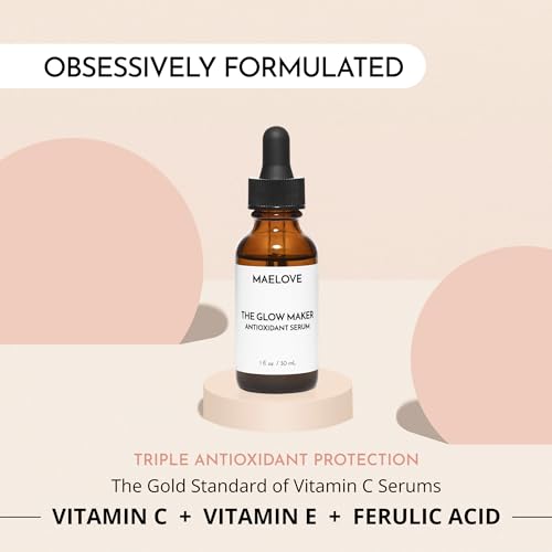 MAELOVE Vitamin C Serum, Glow Maker with Vitamins C, E, Ferulic & Hyaluronic Acid, Unscented, Award-Winning Brightening and Hydrating Facial Serum, 1.0 fl oz