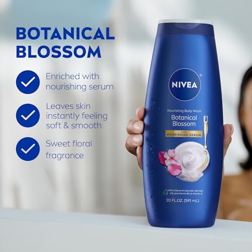 NIVEA Nourishing Botanical Blossom Body Wash with Nourishing Serum, Moisturizing Body Wash for Women, Enriched with Provitamin B5 and Vitamin E, 20 Fl Oz Bottle