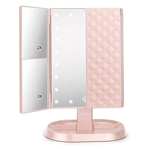 deweisn Trifold Lighted Vanity Makeup Mirror with 21 LED Lights,1x/2x/3x Magnification and Touch Screen Dimming,Two Power Supplies Makeup Mirror, Gift for Women