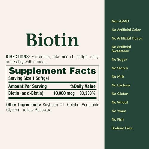 Nature's Bounty Biotin, Supports Healthy Hair, Skin and Nails, 10,000 mcg, Rapid Release Softgels, 120 Ct