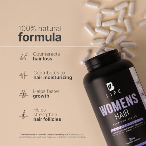 Women's Hair Growth Supplement with Natural Ingredients: Biotin, Hydrolyzed Collagen I & III and Amino Acids | 240 Caps - 60 Days - 10,000 mcg Biotin per Serving | Made in The USA by B Life.