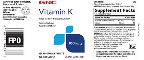 GNC Vitamin K 100mcg, 180 Tablets, Helps The Body Transport Calcium