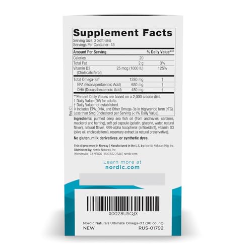 Nordic Naturals Ultimate Omega-D3, Lemon Flavor - 90 Soft Gels - 1280 mg Omega-3 + 1000 IU Vitamin D3 - Omega-3 Fish Oil - EPA & DHA - Promotes Brain, Heart, & Immune Health - 45 Servings