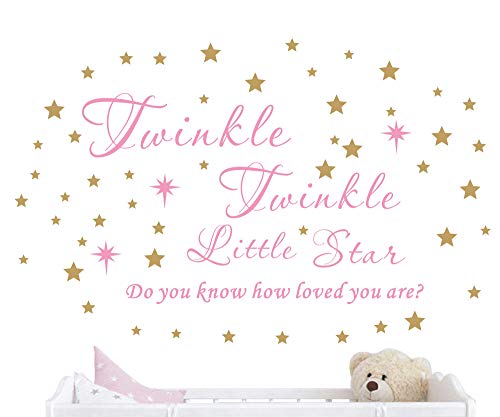 Twinkle Twinkle Little Star Wall Decal Vinyl Quote Sticker Do You Know How Loved You Are Nursery Decor For Kids Girls Bedroom Decoration Home Room Stars Art Design YMX23 (Soft Pink & Gold, 65x42cm)