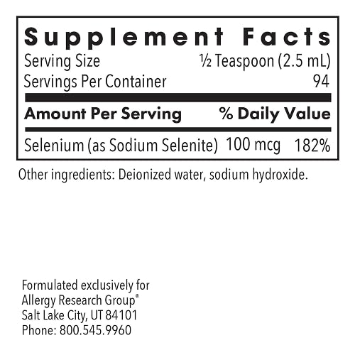 Allergy Research Group Selenium Solution - Well-Absorbed Selenium Liquid, Pure Sodium Selenite, Thyroid Support, Antioxidants, 100 mcg Supplement, Hypoallergenic - 8 Fl Oz