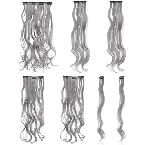 SWACC Women 20 Inches Curly Full Head 7 Separate Pieces Heat Resistance Synthetic Hair Clip in Hair Extensions (Grey)